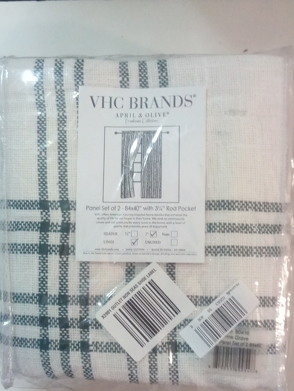 VHC Brands April & Olive Green White Plaid Curtains 84" NWT $170